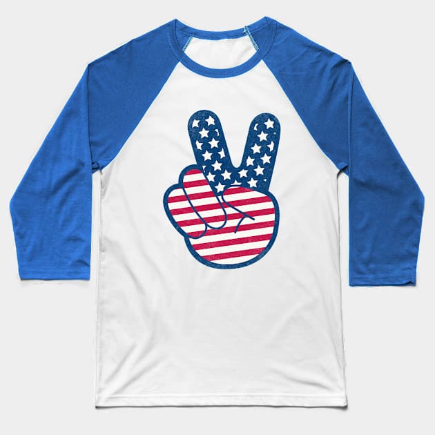 American Flag Retro Peace Sign Hand Distress Baseball T-Shirt by PUFFYP